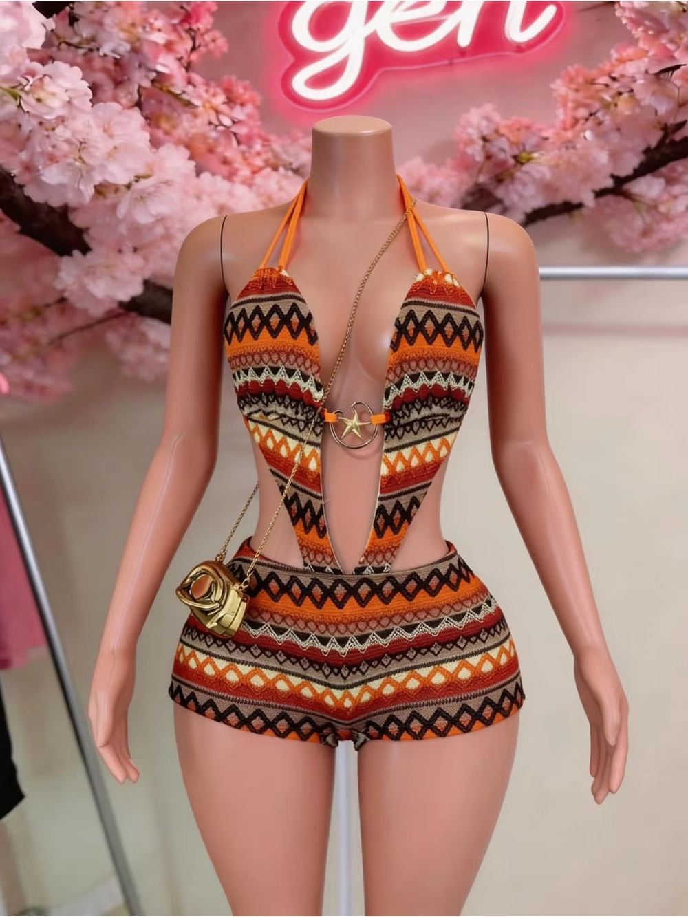 Orange Patterned Plunge Halter Romper by